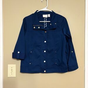 Chico's Womens Navy Blue Button Zip Front Utility Jacket Size 0/S/4